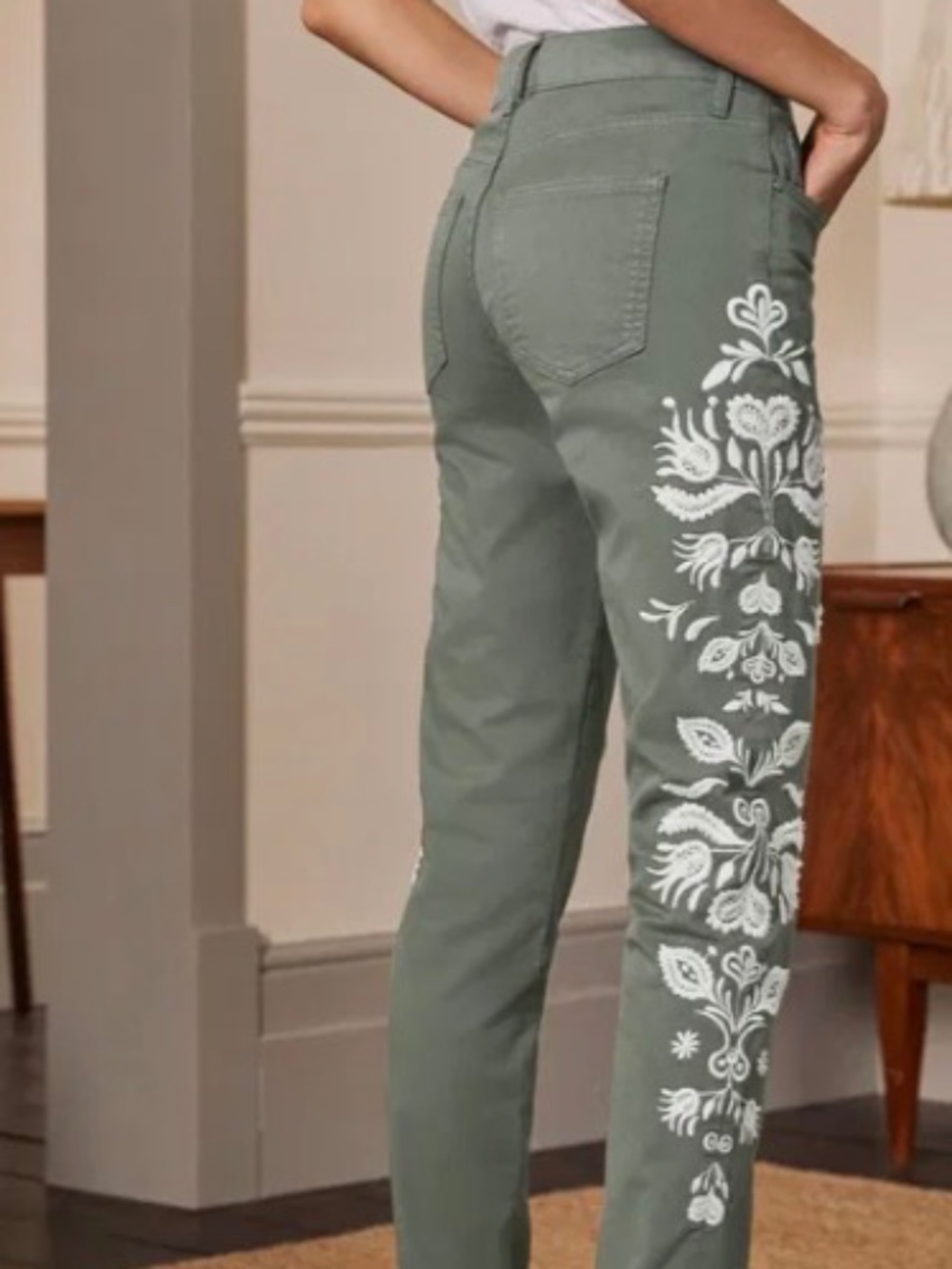 Boden Embroidered Girlfriend Jeans Olive Sage Green 12R